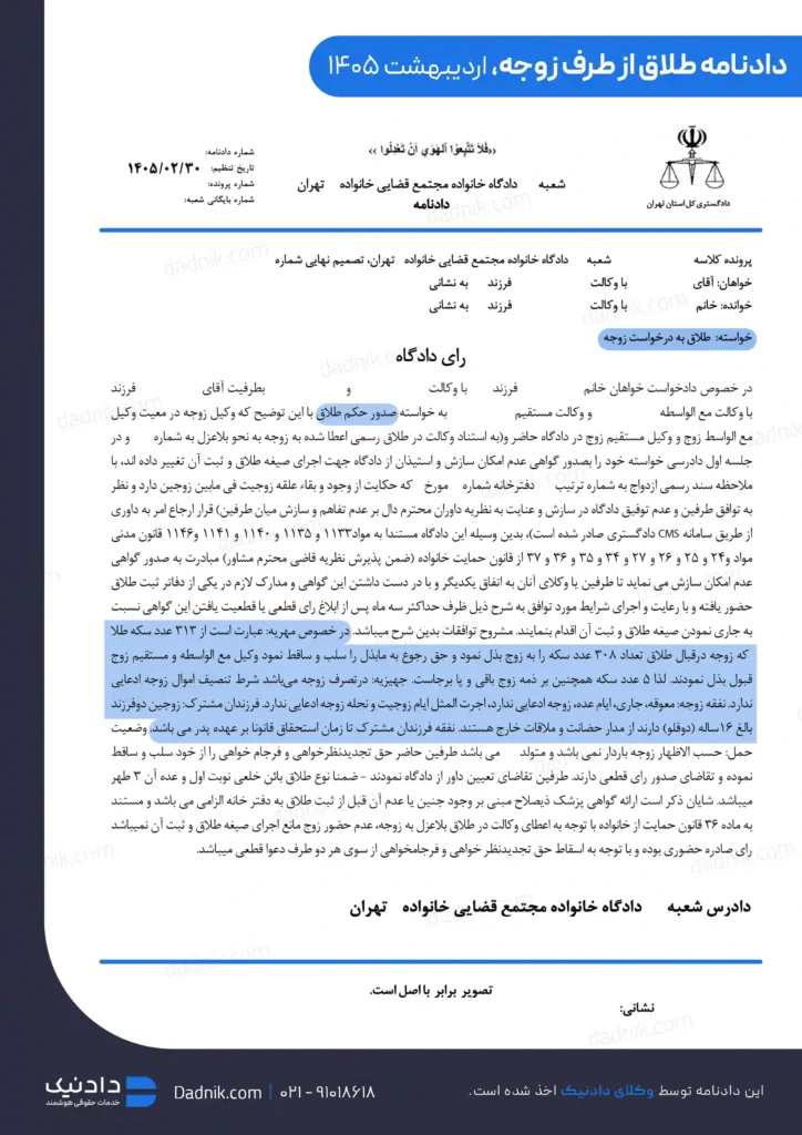 نمونه دادنامه طلاق از طرف زن